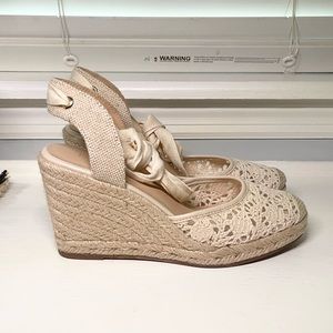 Size 7 Loft Outlet Crochet Lace-Up Espadrille Wedges, Ivory Cream